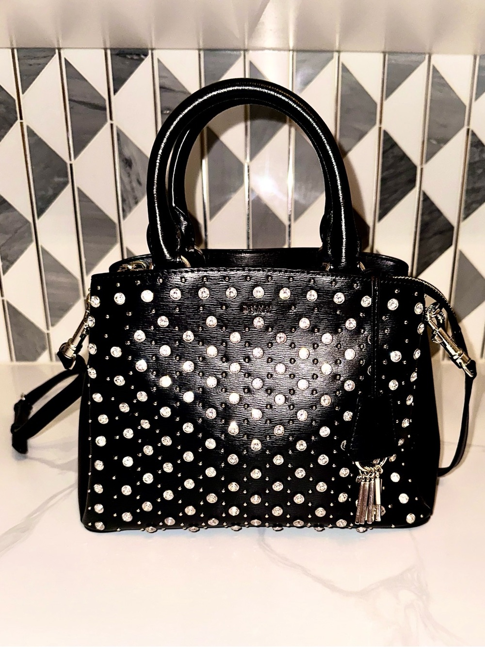 DKNY Black Crystal Studded Satchel/Crossbody Bag